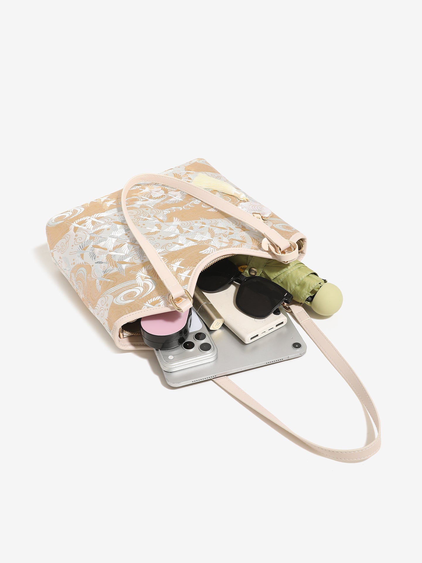 Ethereal Crane Pattern Vegan Eco-Leather Tote Clutch Bag with Tassel Charm