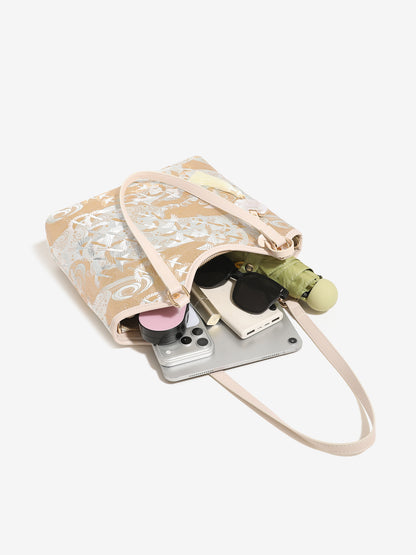 Ethereal Crane Pattern Vegan Eco-Leather Tote Clutch Bag with Tassel Charm