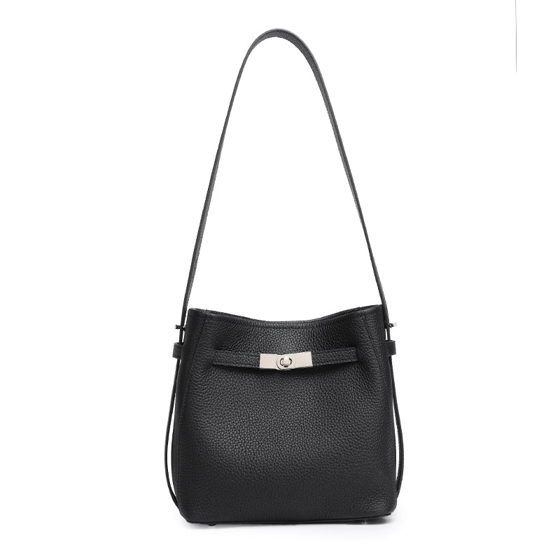 Borsa a secchiello senza tempo in vera pelle con hardware di lusso doppio D lucido