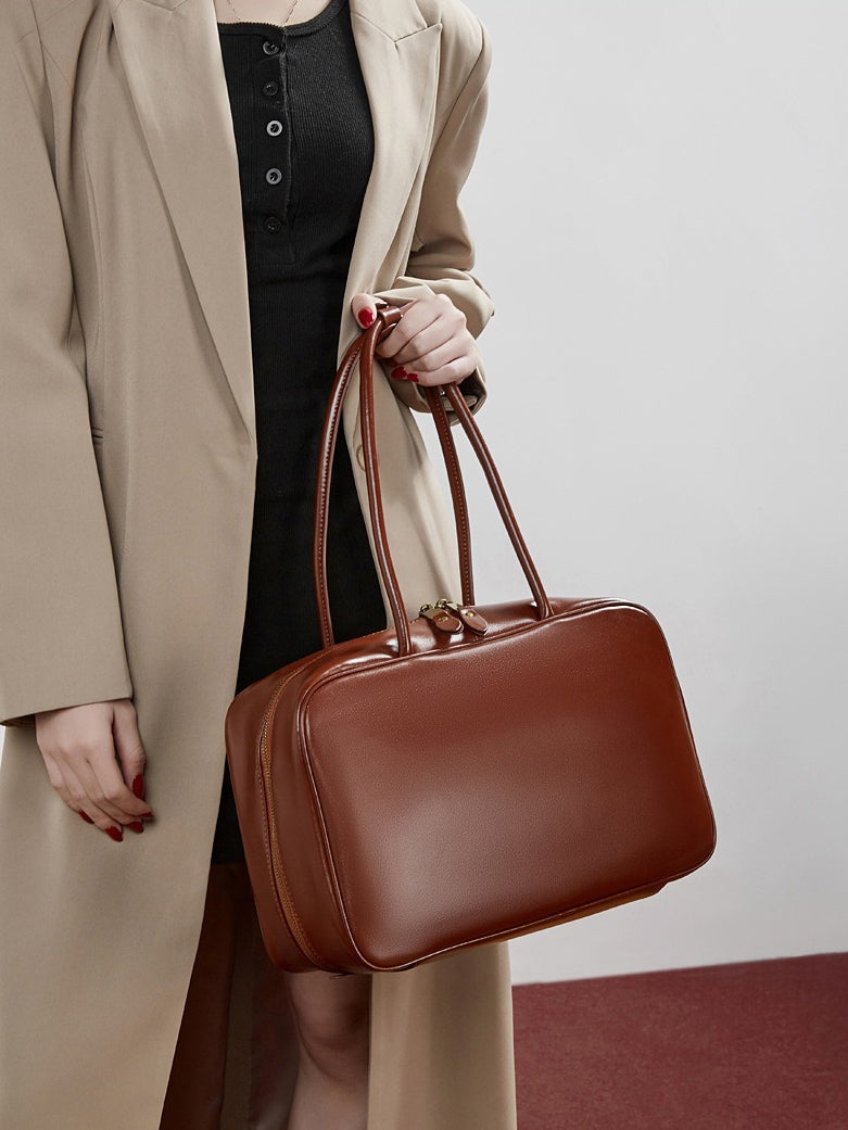 Women's Large Smooth Genuine Leather Bag - Versatile 2-Way Carry Office Work Tote