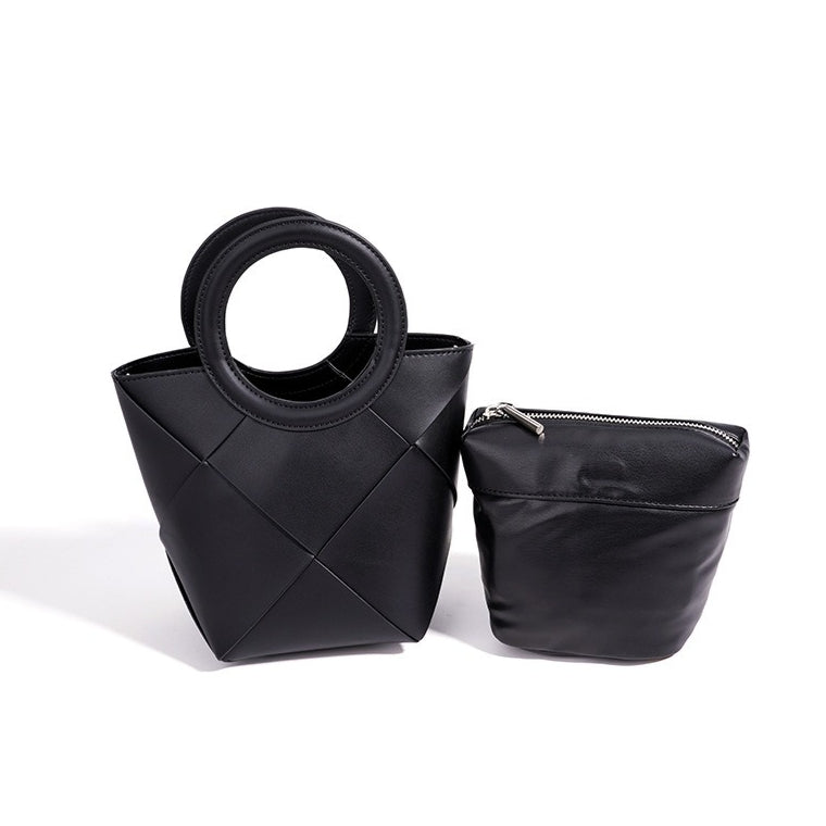 Refined Geometric Woven Genuine Leather Mini Bucket Clutch Bag
