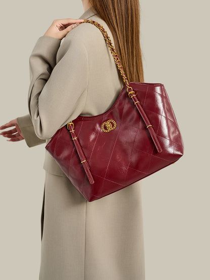 Sculpted Quilted Vegan Eco-Leather Chain Tote Bag
