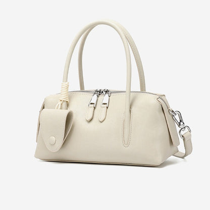 Minimalist Genuine Leather Boston Clutch Bag with Detachable Leather Tag Charm