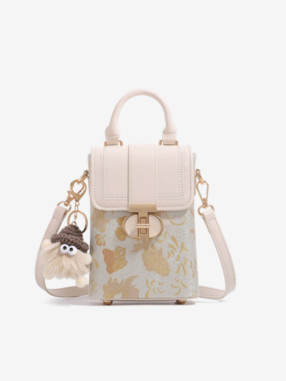 Elegant Oriental Jacquard Mini Flap Phone Clutch Bag with Furry Charm