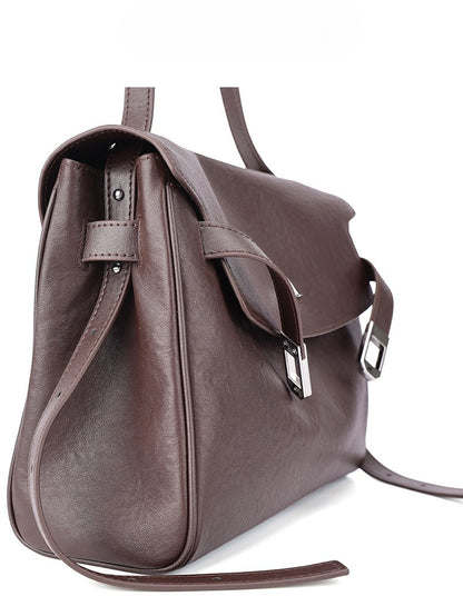 Vintage Lock-Accent Satchel Crossbody Genuine Leather Bag