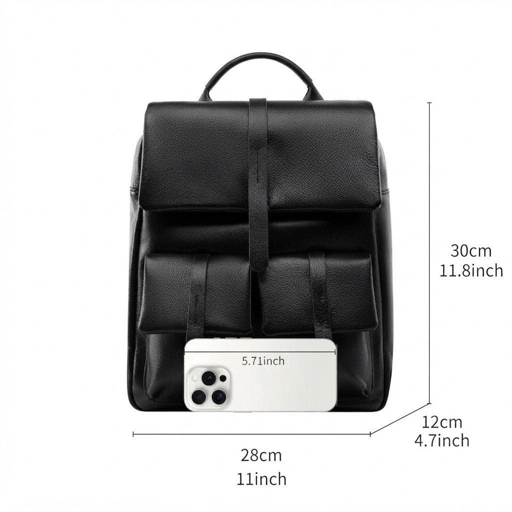 Sac à dos à rabat en cuir véritable grainé grande capacité minimaliste