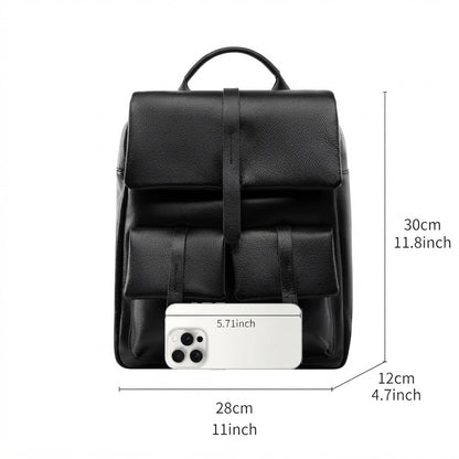 Sac à dos à rabat en cuir véritable grainé grande capacité minimaliste