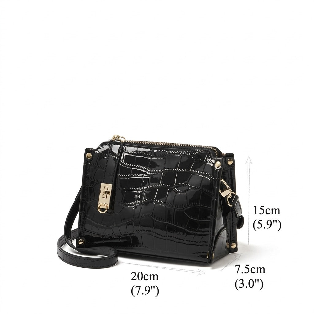 Borsa vintage a spalla e tracolla con manico in vera pelle effetto coccodrillo lucido