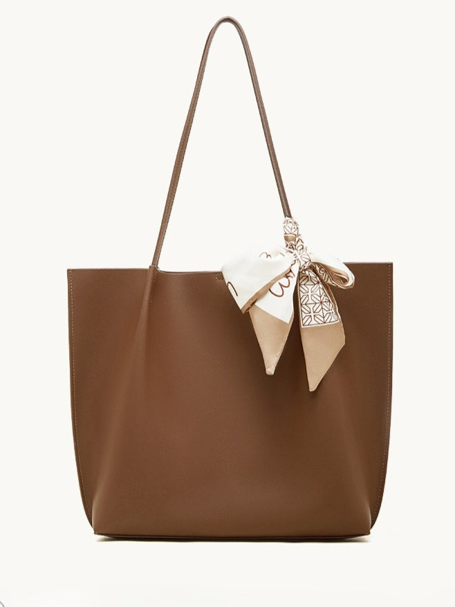 Parisian Chic Genuine Leather Bag - Minimalist Large Tote with Silk Scarf Accent