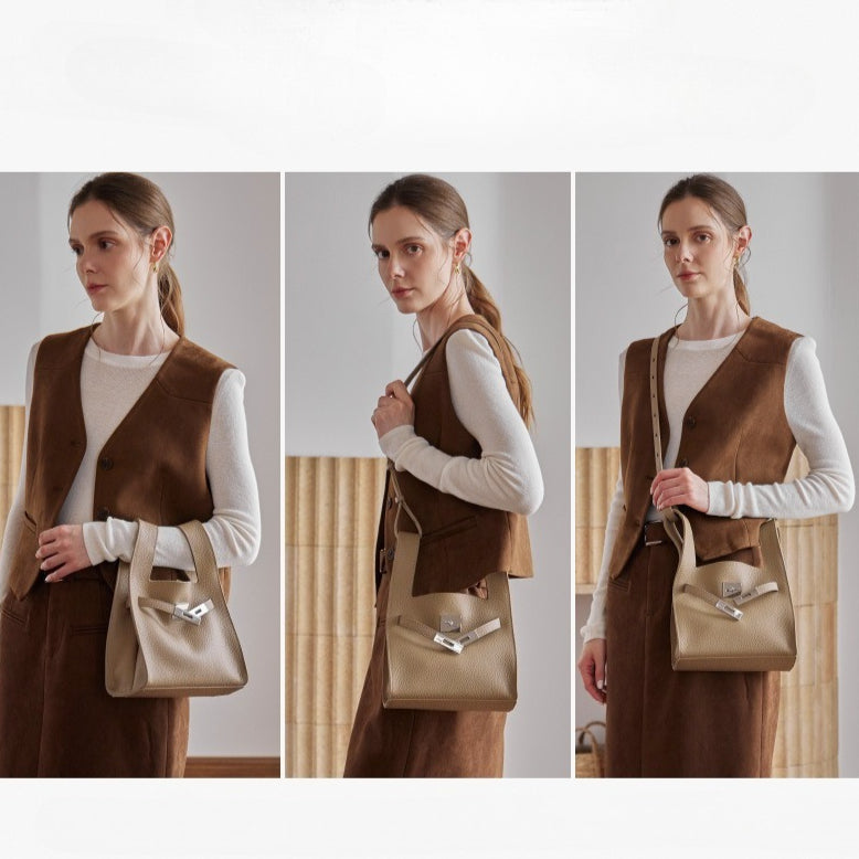 Classic Genuine Leather Chic Daily Crossbody Bucket Bag