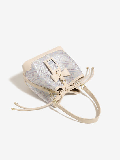 Delicate Geometric Vegan Eco-Leather Petite Bucket Clutch Bag with Bow Knot Charm