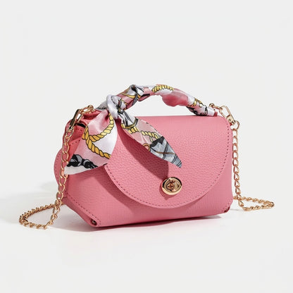 Borsa elegante retrò a spalla e tracolla in vera pelle con catena e foulard di seta
