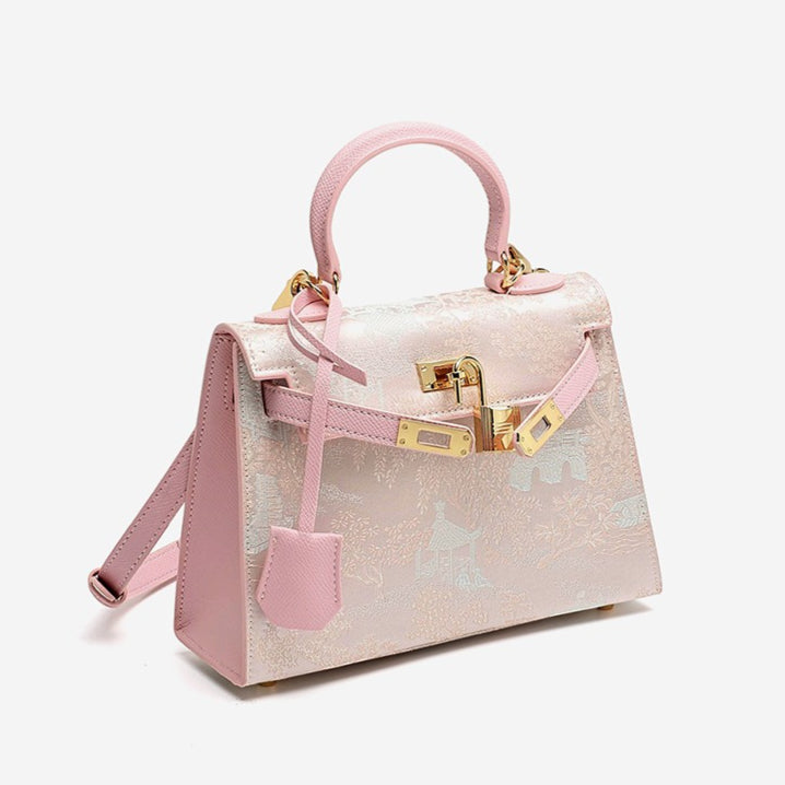 Elegant Oriental Brocade Genuine Leather Kelly Clutch Bag with Charm