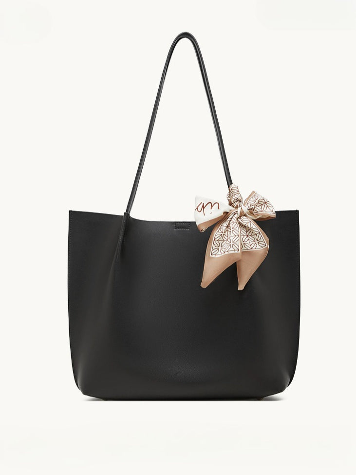 Parisian Chic Genuine Leather Bag - Minimalist Large Tote with Silk Scarf Accent