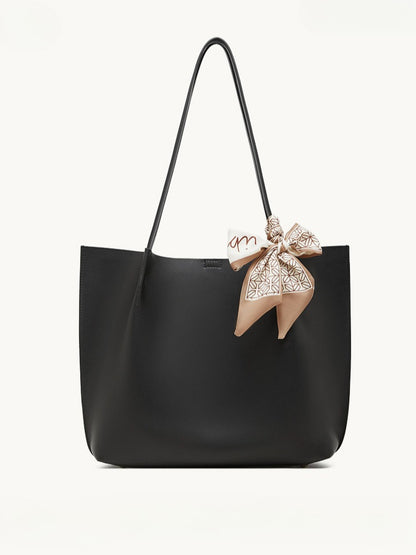 Parisian Chic Genuine Leather Bag - Minimalist Large Tote with Silk Scarf Accent