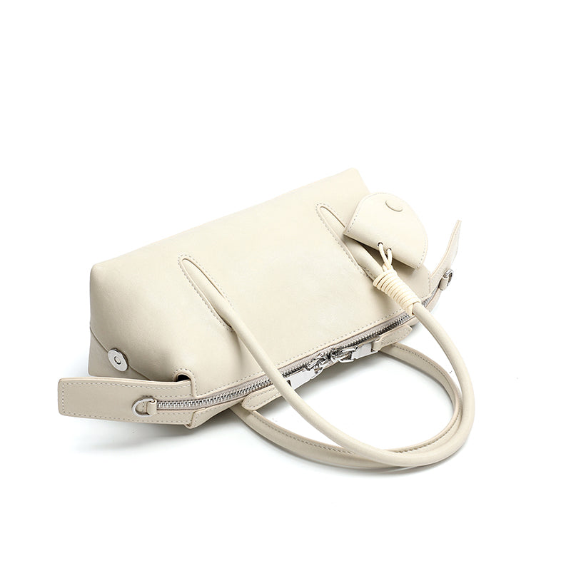 Minimalist Genuine Leather Boston Clutch Bag with Detachable Leather Tag Charm