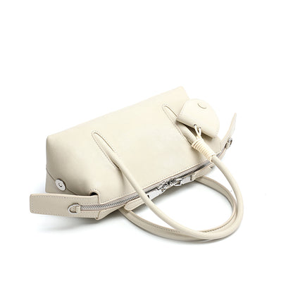 Minimalist Genuine Leather Boston Clutch Bag with Detachable Leather Tag Charm
