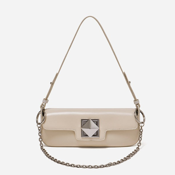 Minimalist Smooth Genuine Leather Silver Buckle Baguette Bag