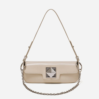 Minimalist Smooth Genuine Leather Silver Buckle Baguette Bag