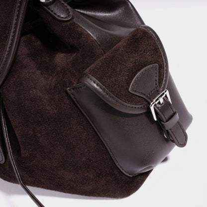 Mochila vintage de cuero genuino de ante con solapa y cordón
