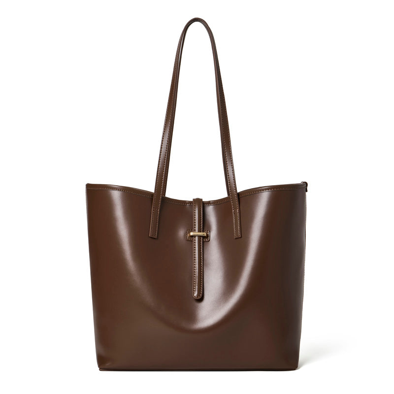 Set di ampie borse tote semplici in vera pelle, minimaliste, da spalla