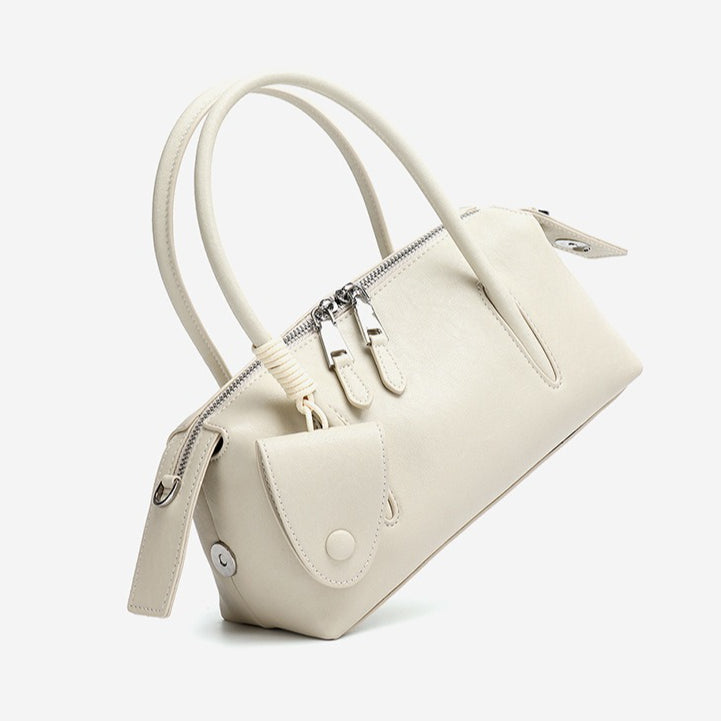 Minimalist Genuine Leather Boston Clutch Bag with Detachable Leather Tag Charm
