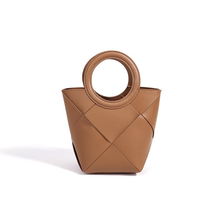 Refined Geometric Woven Genuine Leather Mini Bucket Clutch Bag