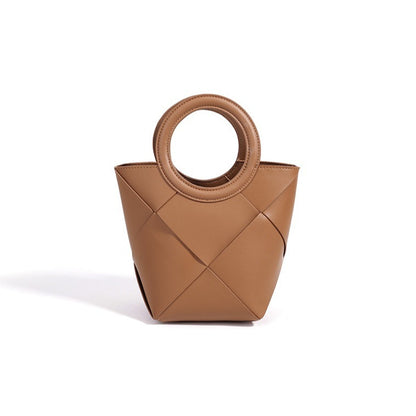 Refined Geometric Woven Genuine Leather Mini Bucket Clutch Bag