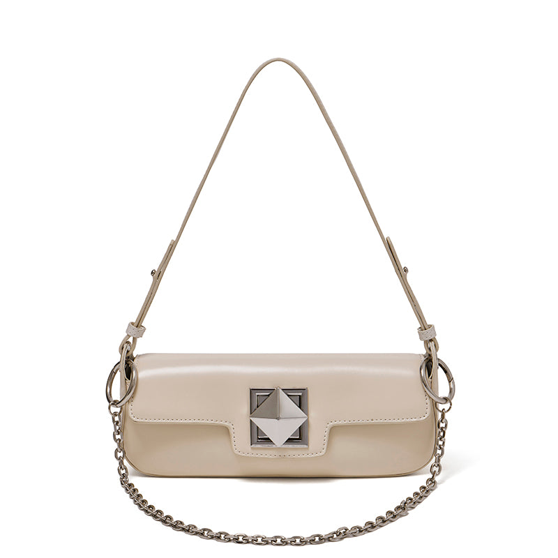 Bolso baguette minimalista de cuero genuino liso con hebilla plateada