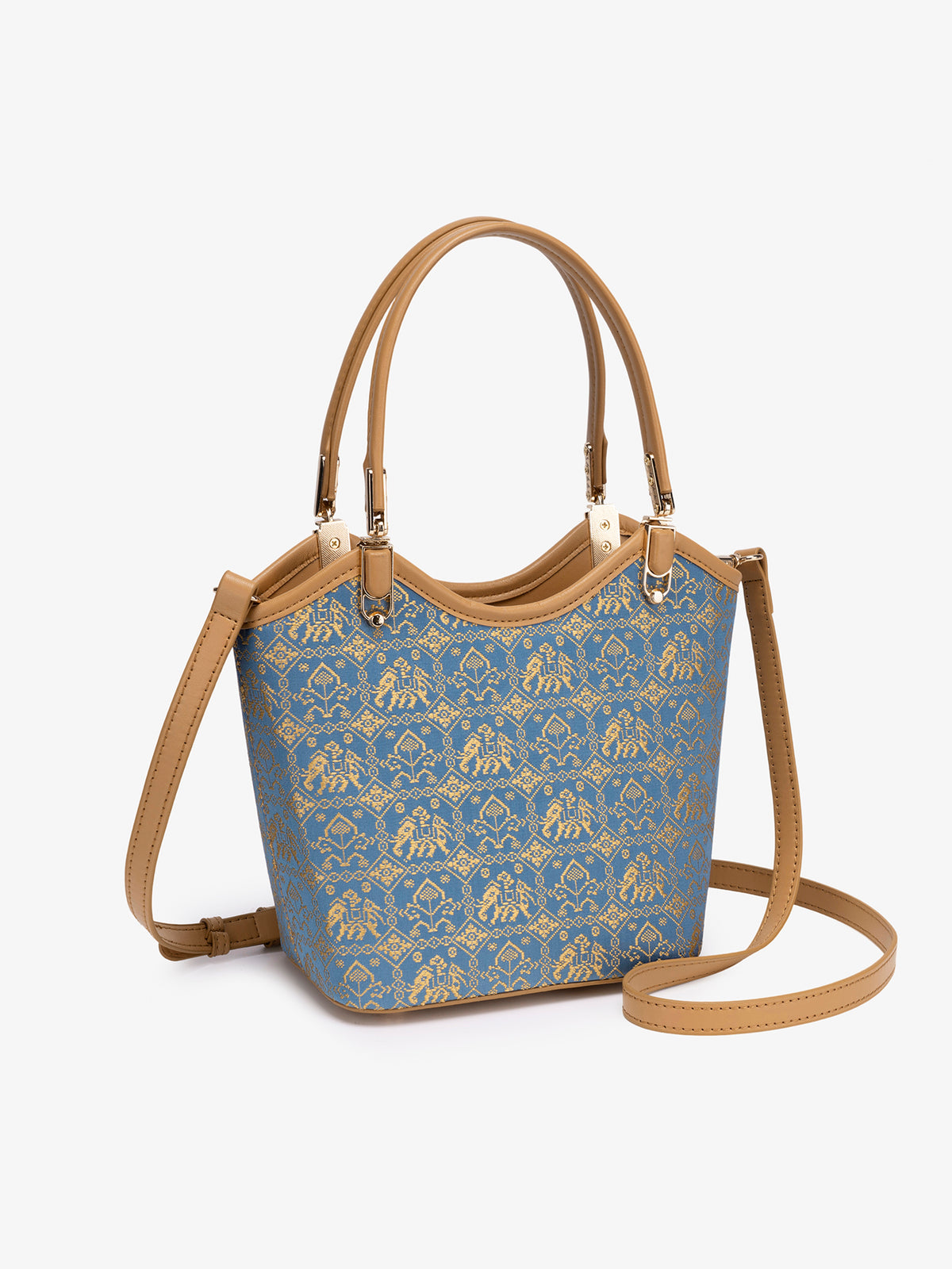 Refined Golden Elephant Motif Vegan Eco-Leather Bucket Clutch Bag