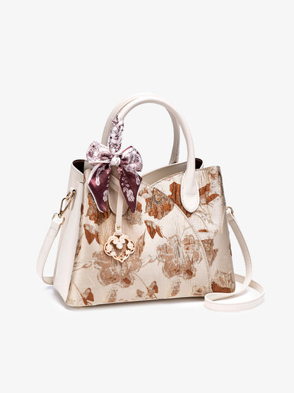 Muted Luxe Floral Jacquard Vegan Eco-Leather Clutch Bag with Silk Scarf Charm