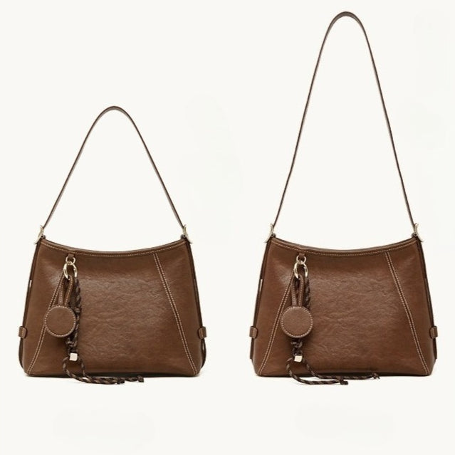 Artisan Stitched Genuine Leather Bag - Vintage Western Shoulder Tote with Tassel