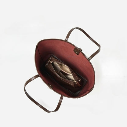 Spacious Plain Genuine Leather Tote Set Minimalist Shoulder Bag