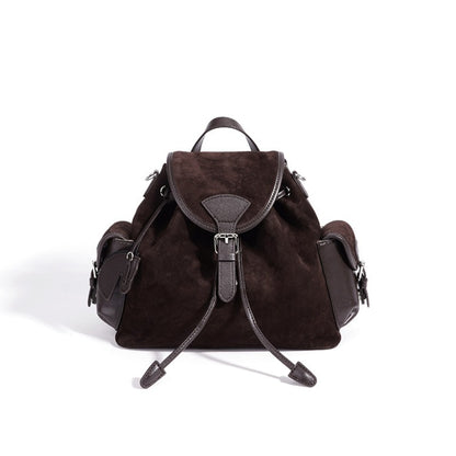 Vintage Suede Genuine Leather Flap Drawstring Backpack