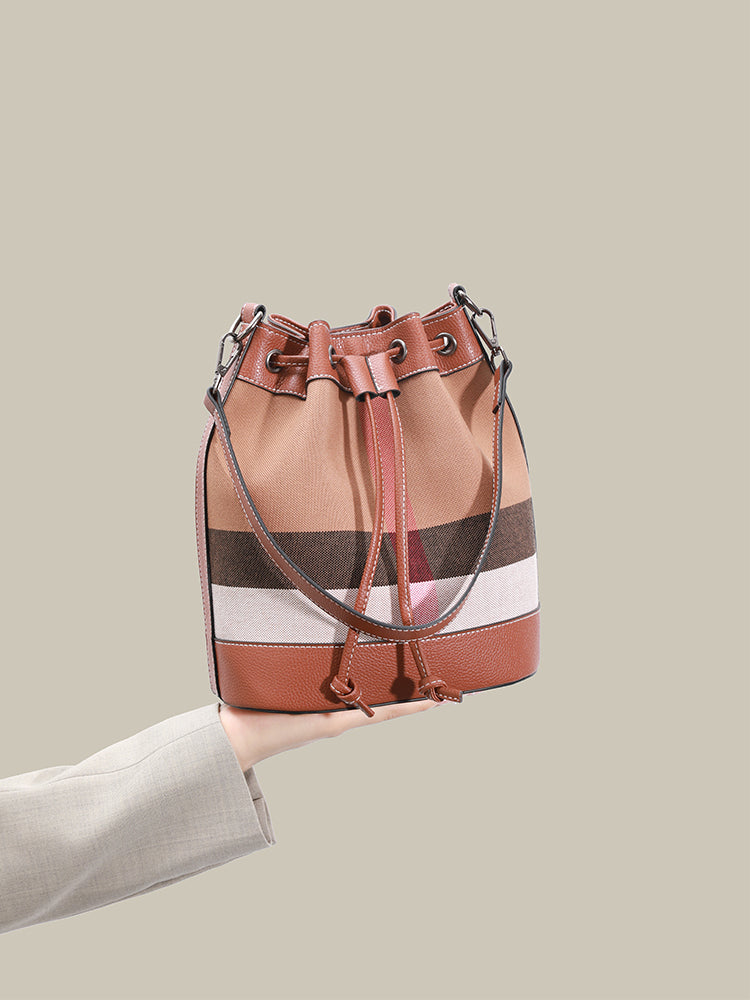 Vintage Plaid Vegan Eco-Leather Bucket Clutch Bag
