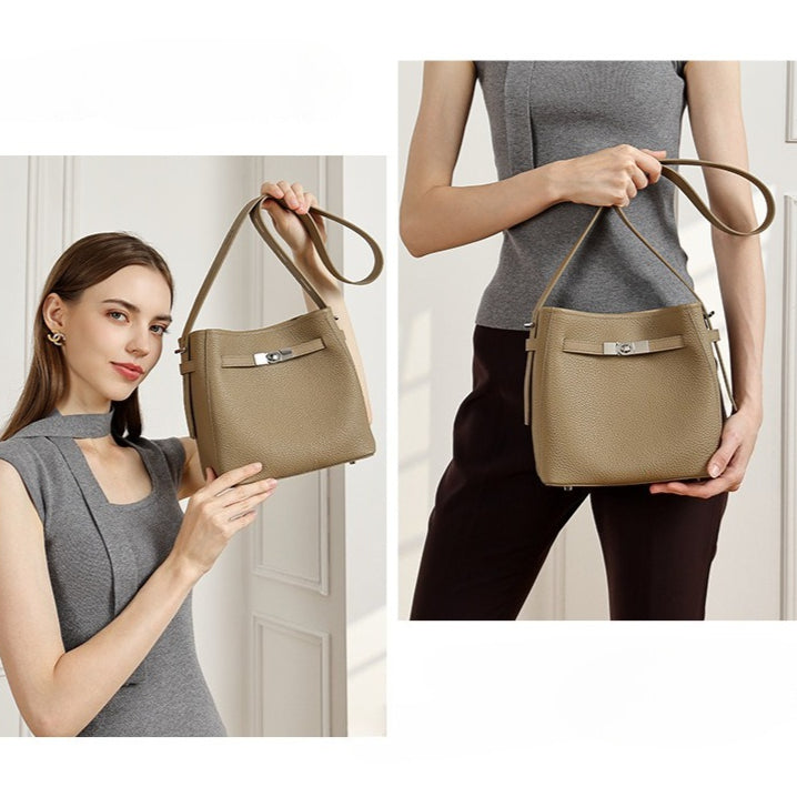 Timeless Genuine Leather Bucket Bag with Polished Double-D Luxury Hardware