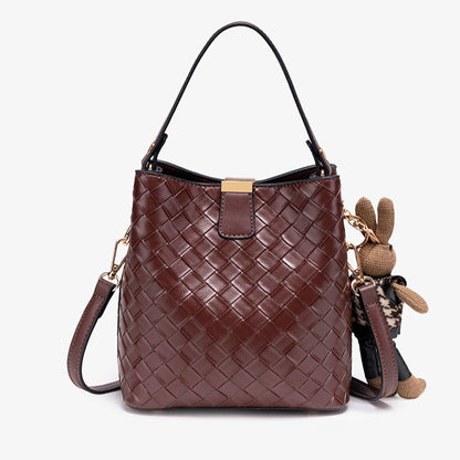 Retro Woven Vegan Eco-Leather Bucket Clutch Bag With Stuffed Bunny Charm