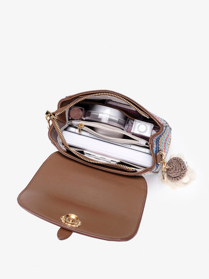 Radiant Rainbow Striped Woven Vegan Eco-Leather Flap Clutch Bag with Lovely Charm