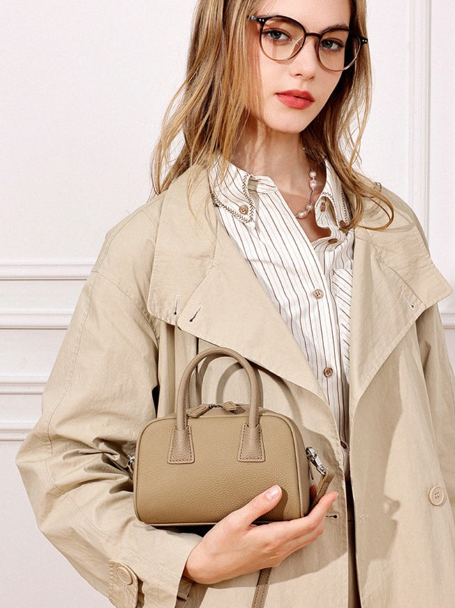 Cushiony Pebbled Genuine Leather Mini Boston Clutch Bag