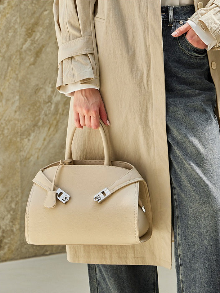 Luxury Retro Genuine Leather Lychee Pattern Double Buckle Tote Crossbody Bag