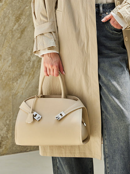 Luxury Retro Genuine Leather Lychee Pattern Double Buckle Tote Crossbody Bag