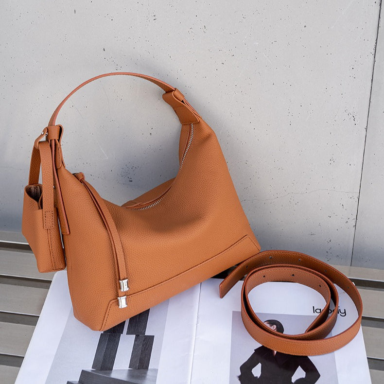 The Ethereal Slouchy Genuine Leather Bag - Minimalist Pebbled Hobo with Mini Pouch