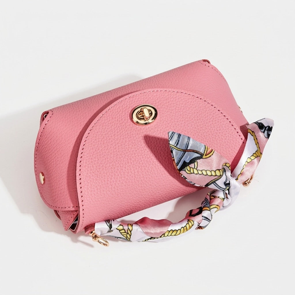 Borsa elegante retrò a spalla e tracolla in vera pelle con catena e foulard di seta