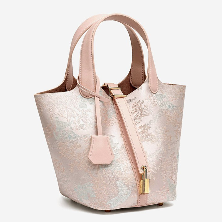 Serene Oriental Garden Genuine Leather Bucket Clutch Bag with Charm