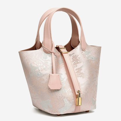 Serene Oriental Garden Genuine Leather Bucket Clutch Bag with Charm