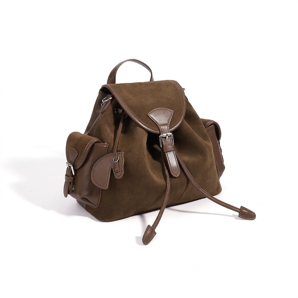 Mochila vintage de cuero genuino de ante con solapa y cordón