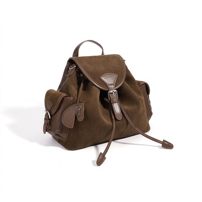 Mochila vintage de cuero genuino de ante con solapa y cordón