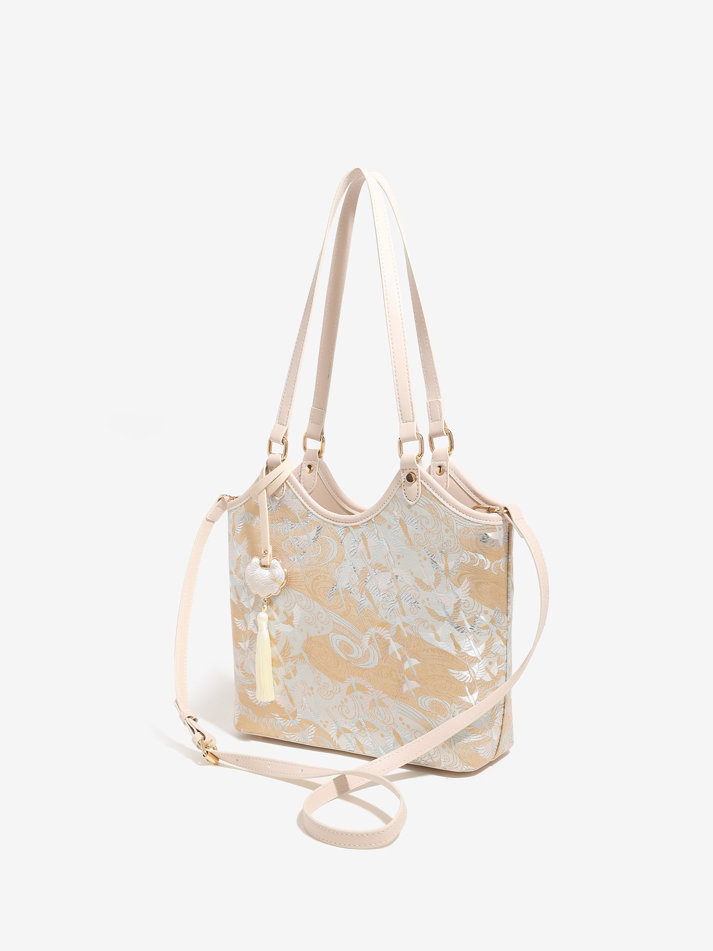 Ethereal Crane Pattern Vegan Eco-Leather Tote Clutch Bag with Tassel Charm