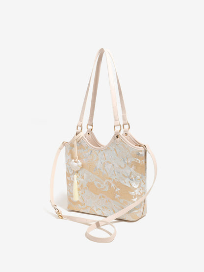 Ethereal Crane Pattern Vegan Eco-Leather Tote Clutch Bag with Tassel Charm