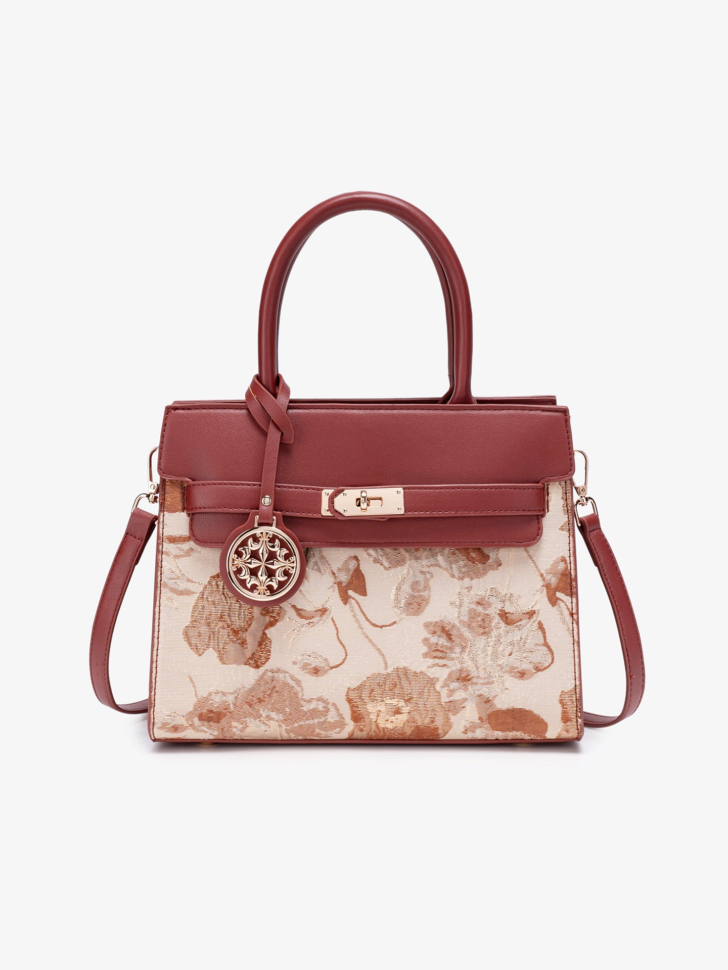 Classic Floral Vegan Eco-Leather Tote Clutch Bag with Metal Ornament Charm